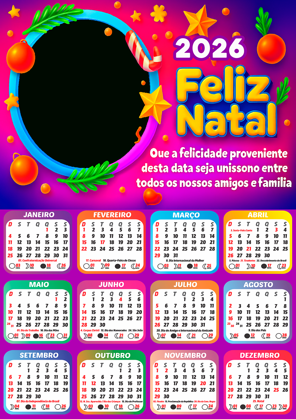 Calendário 2026 De Natal Grátis Para Imprimir Com Foto - Imagem Legal | Calendario 2026 editavel gratis