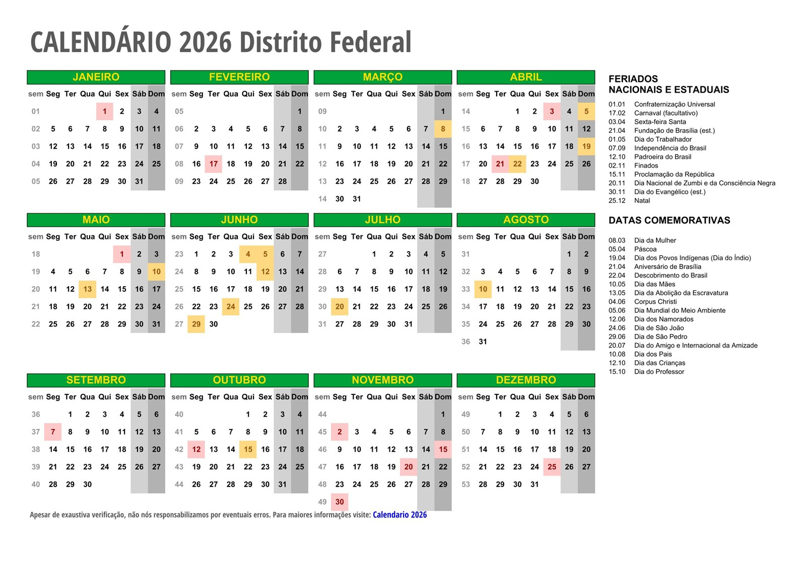 Calendário 2026 Distrito Federal – Com Feriados | Calendario 2026 Com Feriados Df