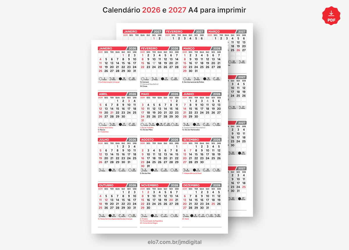 Calendário 2026 E 2027 Para Imprimir A4 | Elo7 Produtos Especiais | Calendario 2026 e 2027