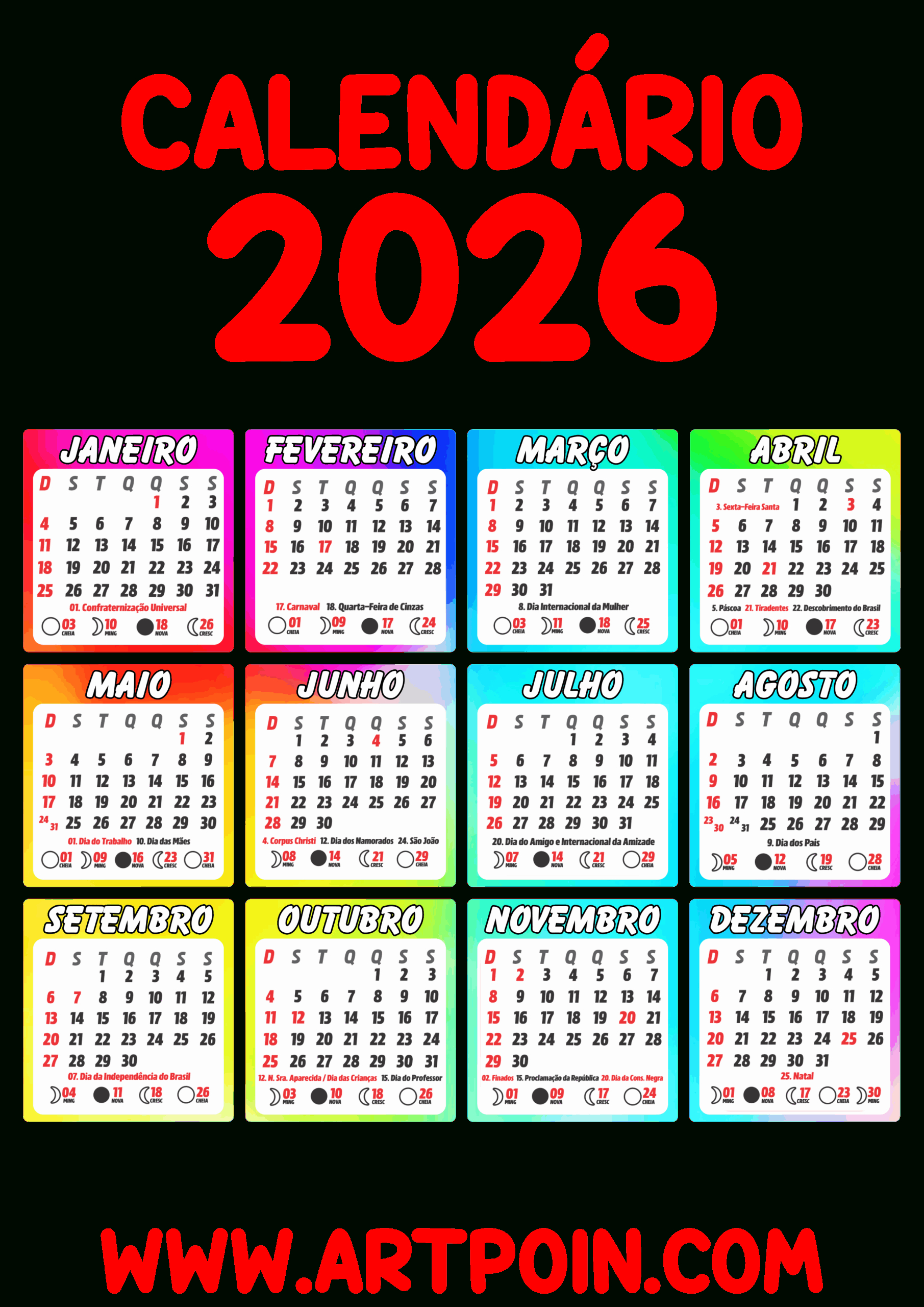 Calendário 2026 Edições Gráficas Vermelho Png | Calendario com datas comemorativas 2026