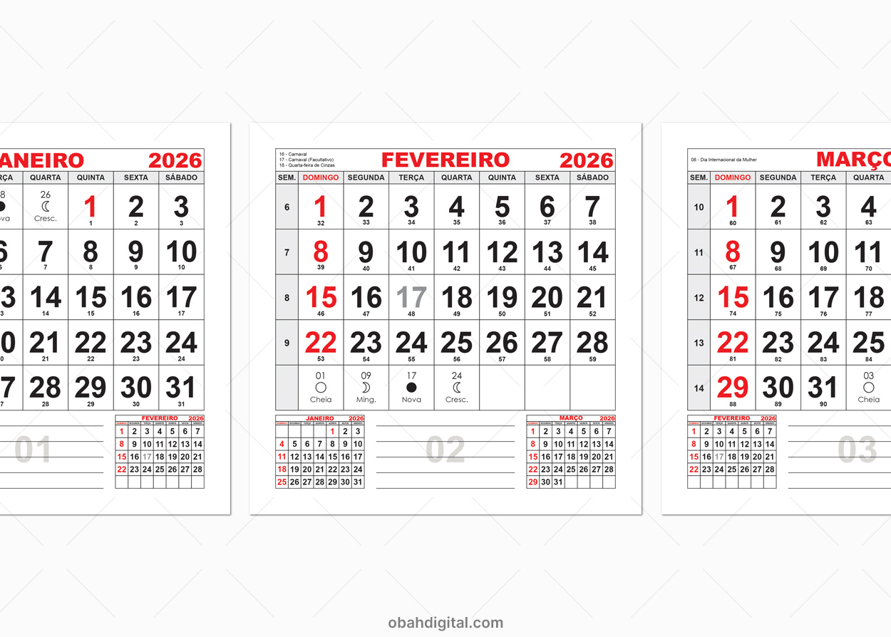 Calendário 2026 Editável 15X15Cm (Ai, Eps, Pdf, Png) | Calendario 2026 com feriados e luas