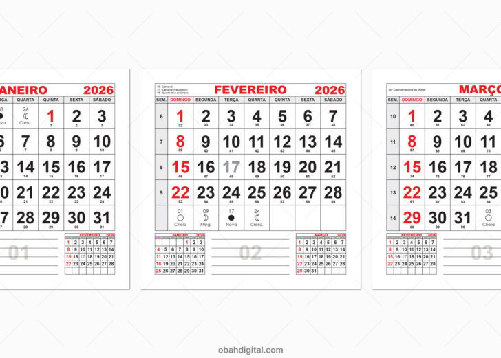 Calendario 2026 com semanas