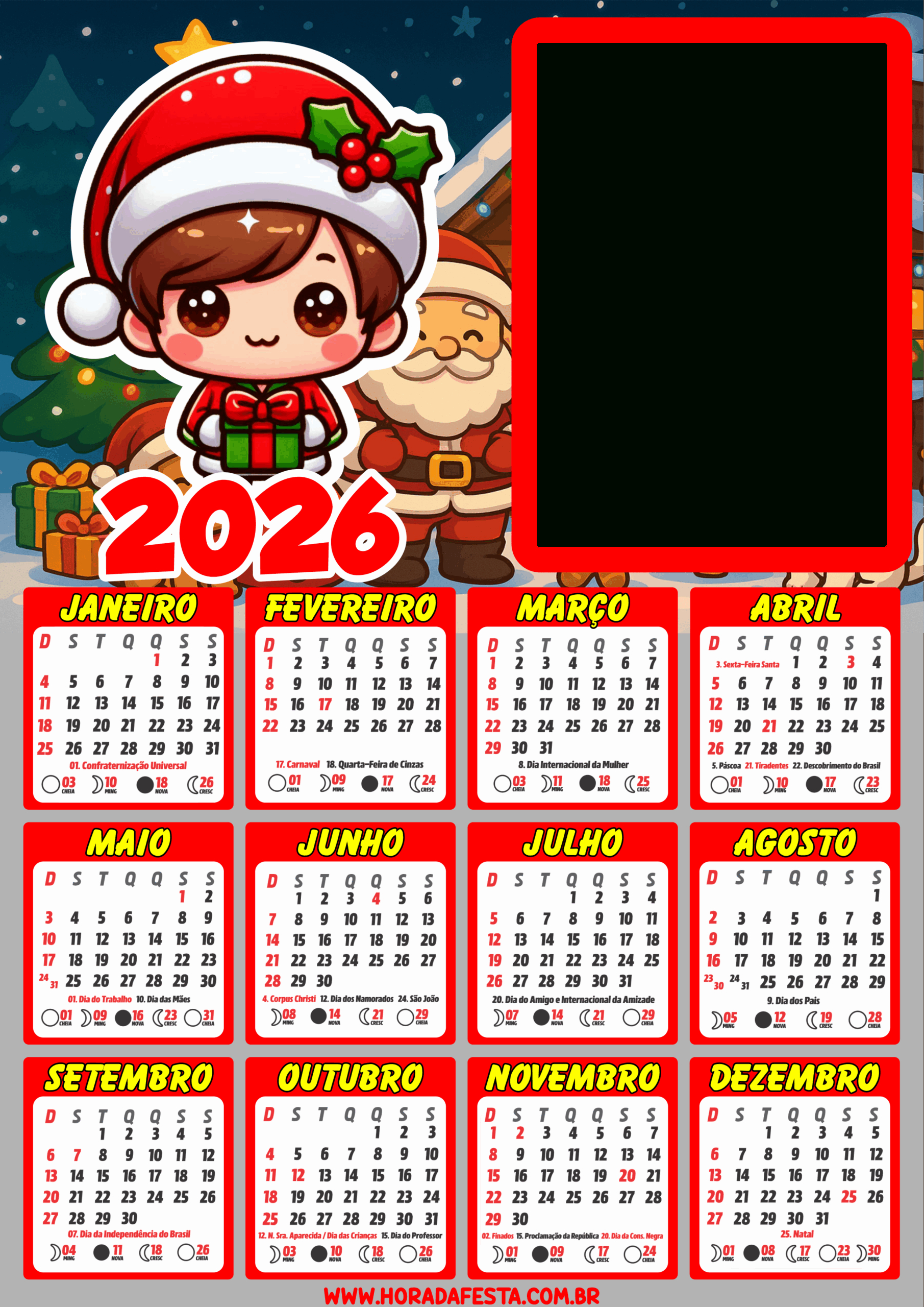 Calendário 2026 Editável Com Foto Feliz Natal Tema Infantil Artes | Fazer Calendario Personalizado Online Gratis 2026
