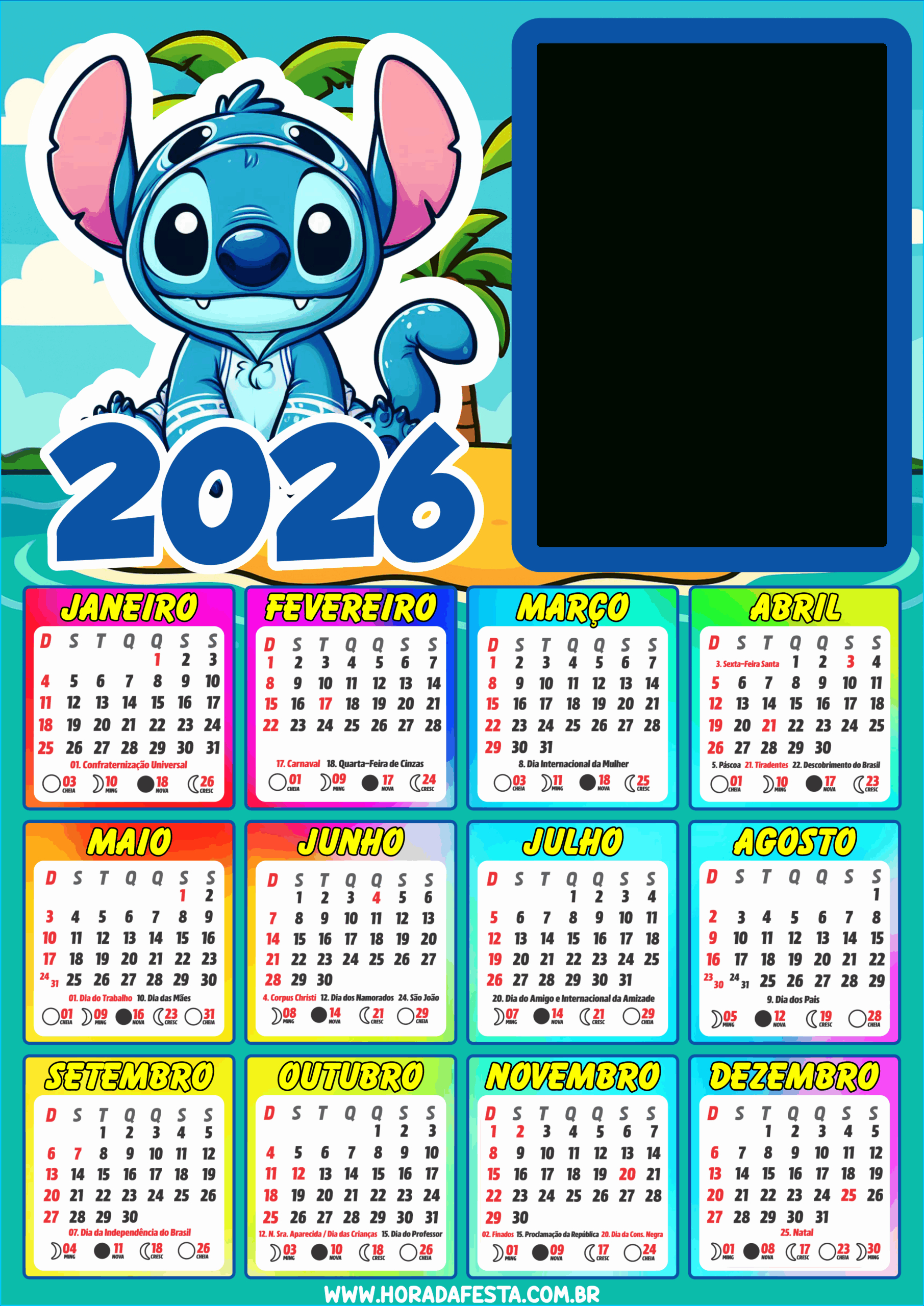 Calendário 2026 Editável Com Foto Stitch Tema Infantil Png | Fazer Calendario Personalizado Online Gratis 2026