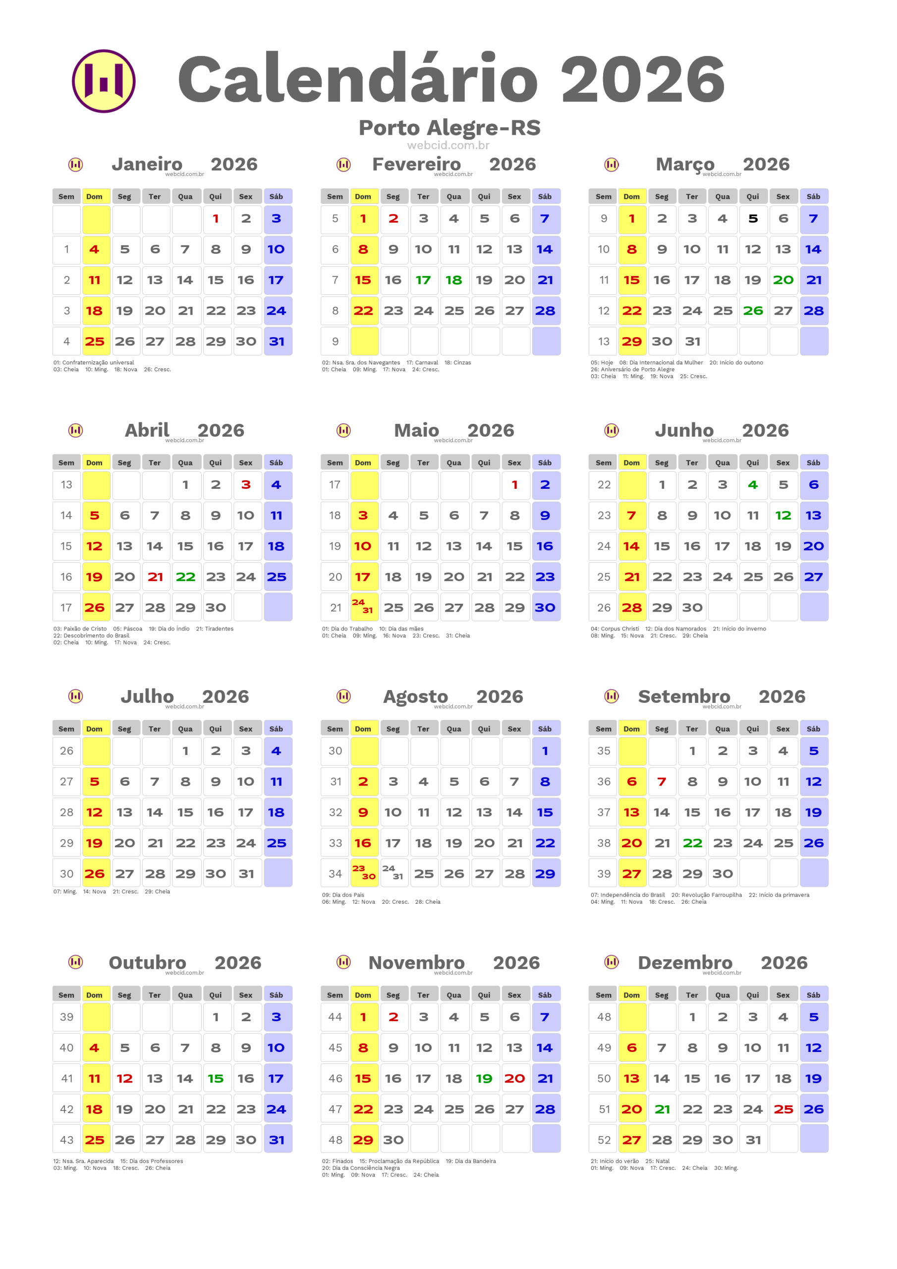 Calendário 2026 Em Formato Png - Porto Alegre-Rs | Calendario 2026 Com Feriados Rio Grande Do Sul