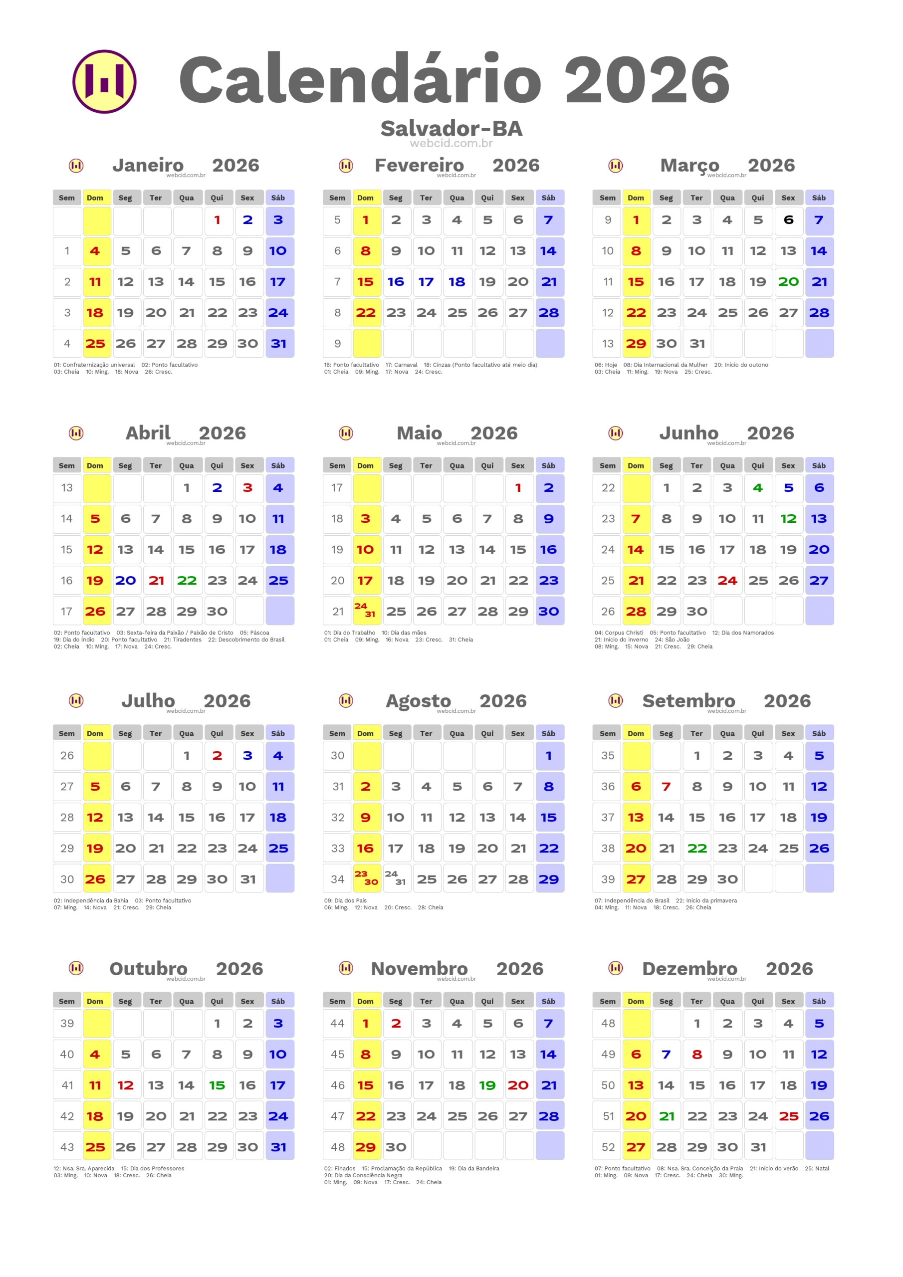 Calendário 2026 Em Formato Png - Salvador-Ba | Calendario 2026 Com Feriados Salvador