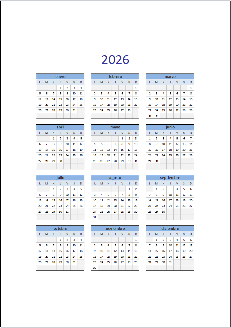 Calendario 2026 En Excel - Excel Total | Calendario 2026 Para Editar