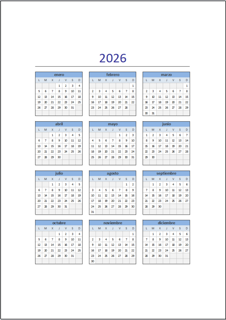 Mini calendario para imprimir 2026