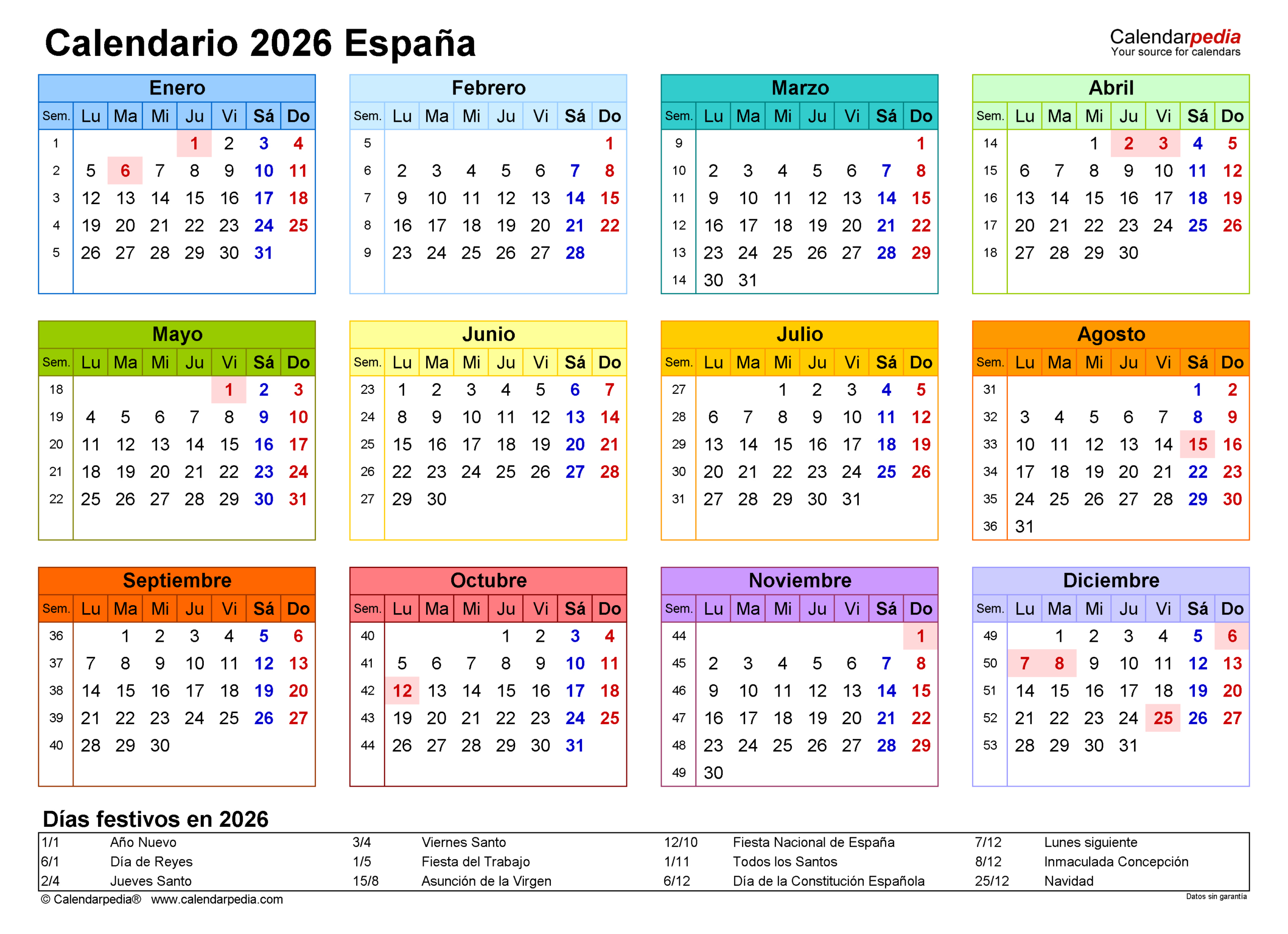 Calendario 2026 En Pdf, Excel Y Word | Calendarpedia | Calendario De 2026 Completo