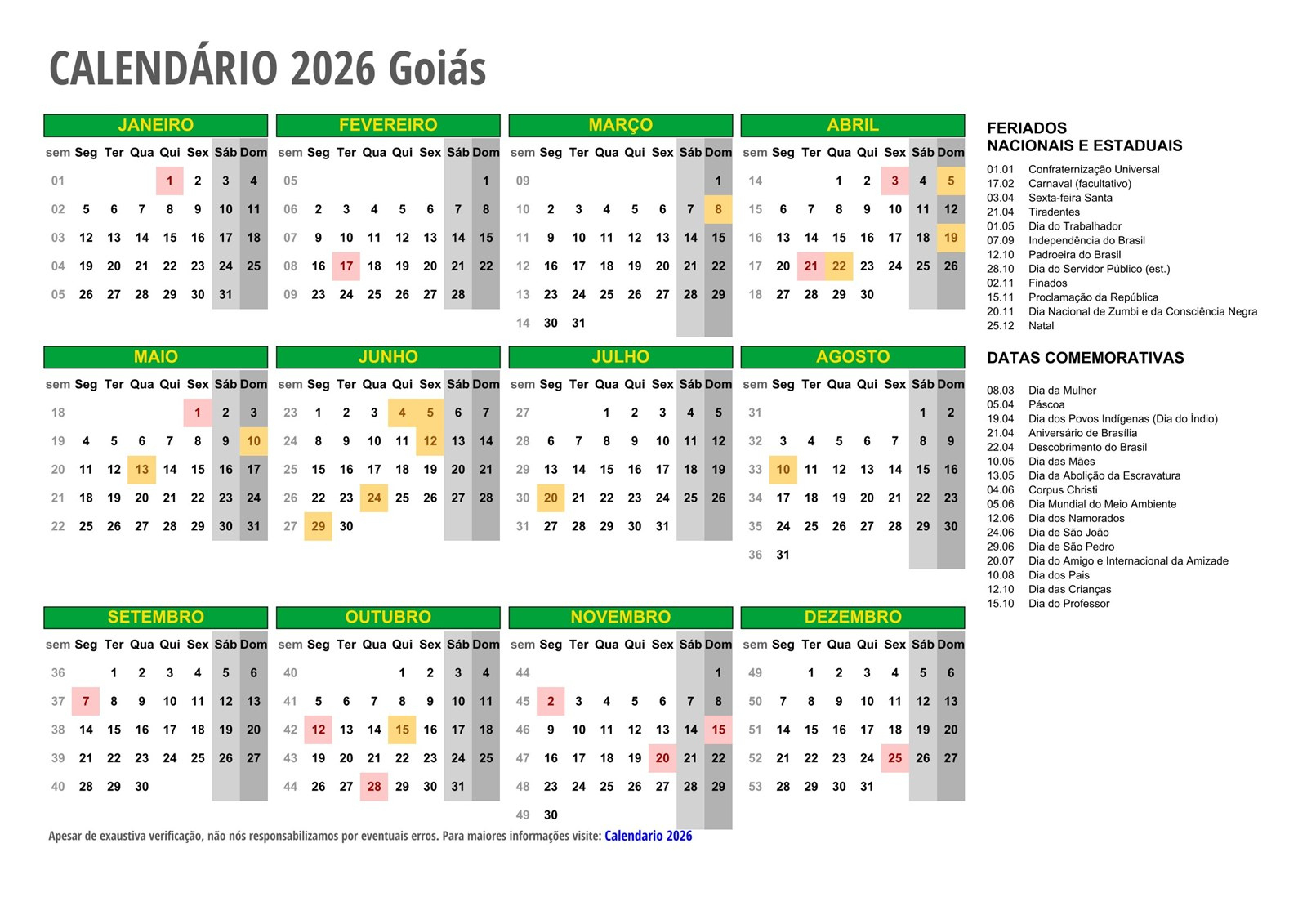 Calendário 2026 Goiás – Com Feriados | Calendario 2026 Com Feriados Goiania