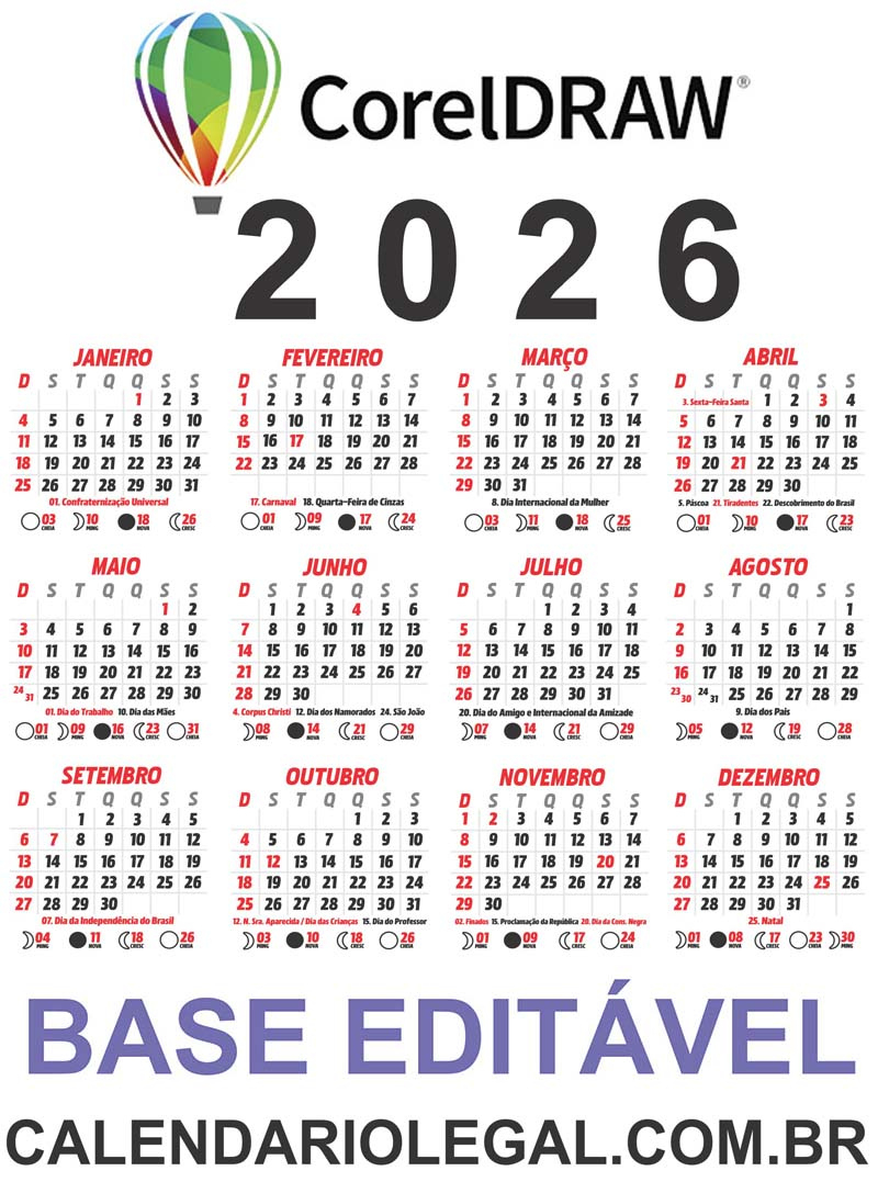 Calendário 2026 Grade Transparente Editável Cdr Corel | Calendario 2026 editavel