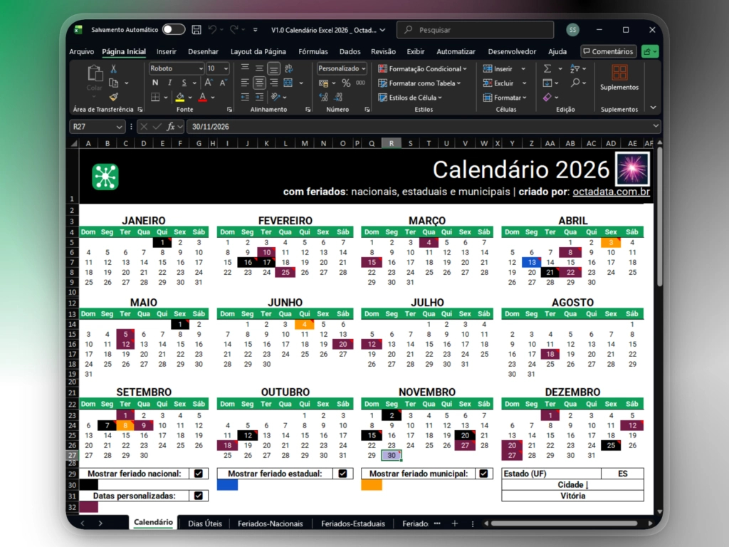 Calendário 2026 Para Excel Com Feriados Municipais | Calendario 2026 Com Feriados Bh