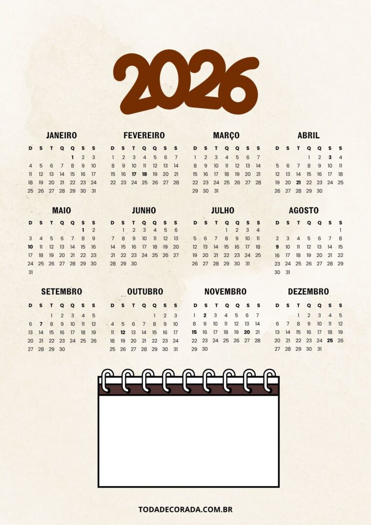 Calendário 2026 Para Imprimir: 15 Modelos Para Organizar O Ano | Calendario 2026 para imprimir portugues