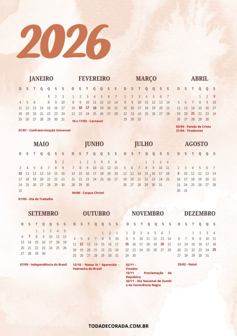 Calendário 2026 Para Imprimir: 15 Modelos Para Organizar O Ano | Dia Dos Pais 2026 Calendario