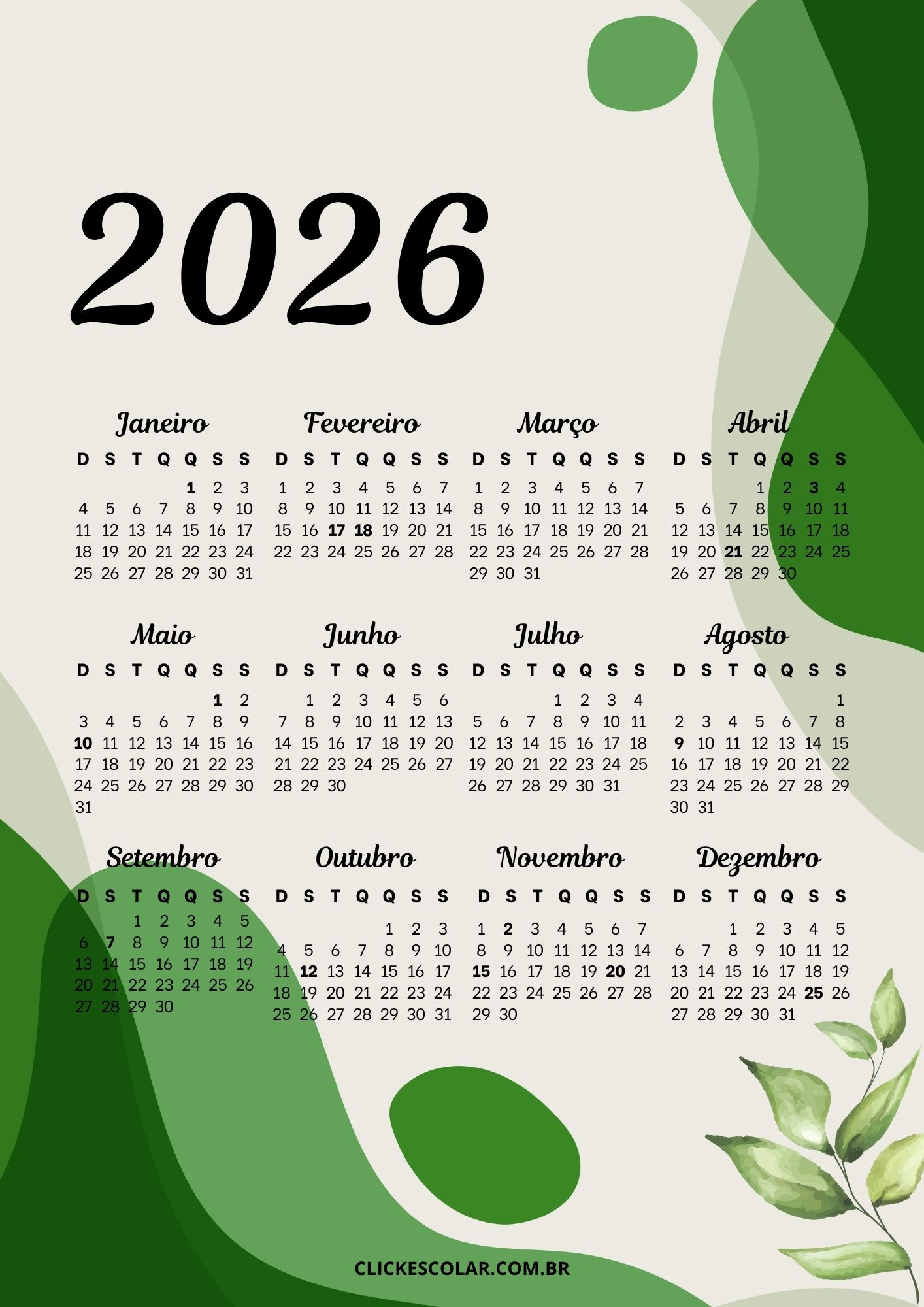Calendário 2026 Para Imprimir: 17 Modelos Grátis | Calendario 2026 para baixar