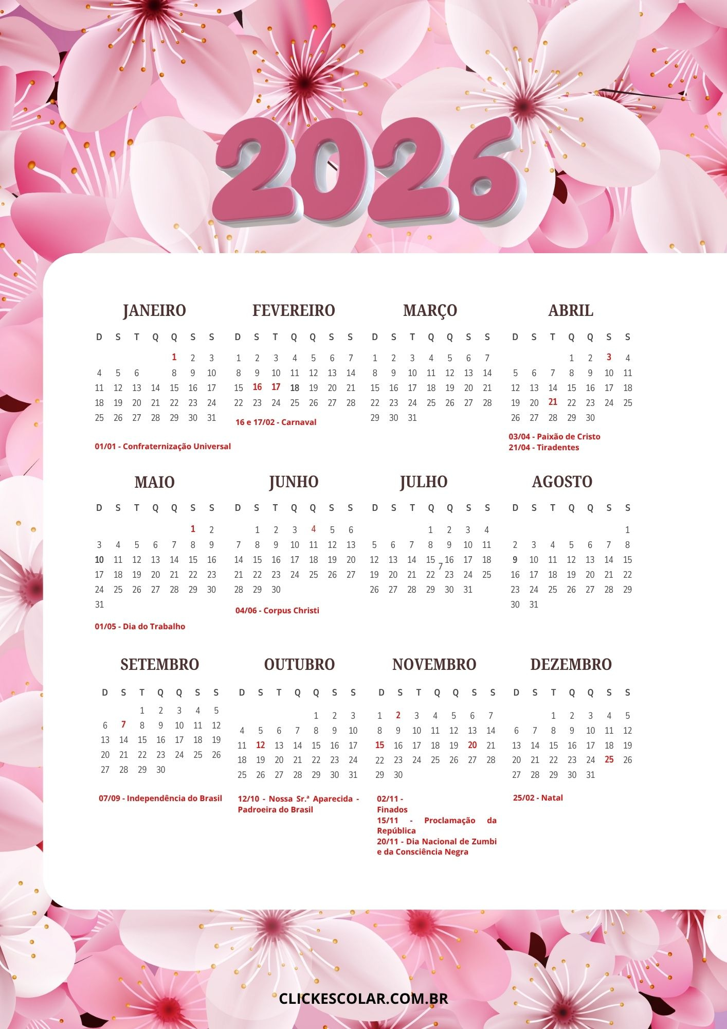 Calendário 2026 Para Imprimir: 17 Modelos Grátis | Calendario 2026 para imprimir portugues