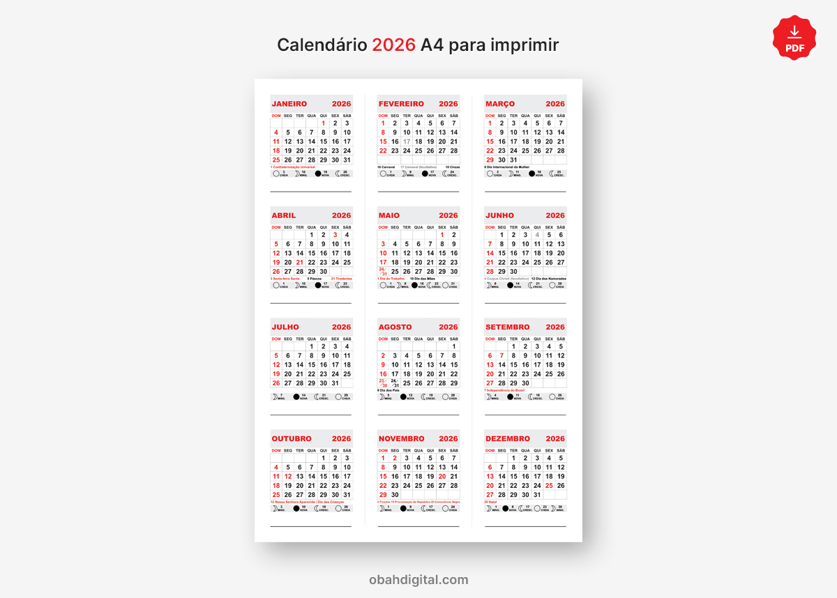 Calendário 2026 Para Imprimir A4 | Calendario 2026 Com Luas