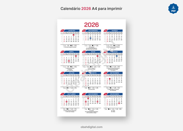 Calendario com semanas 2026