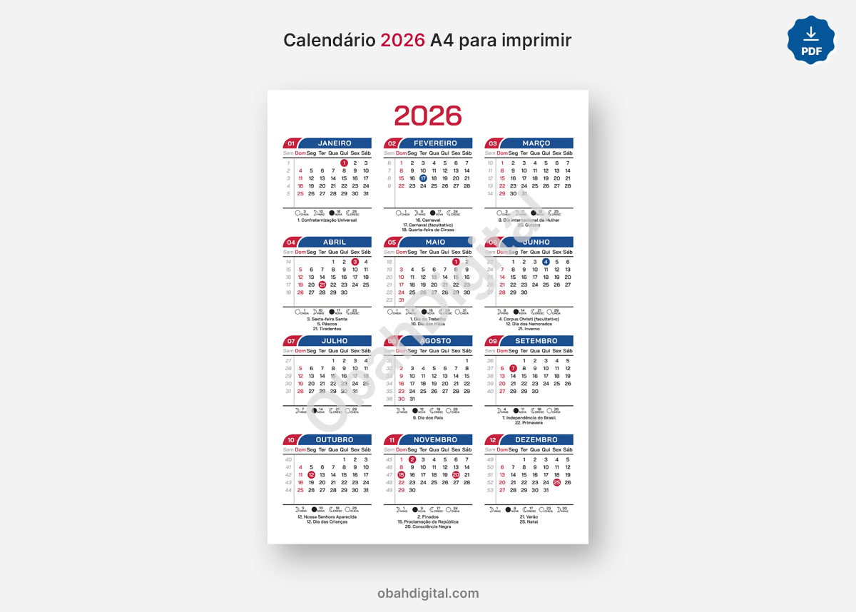 Calendário 2026 Para Imprimir A4 | Calendario com semanas 2026