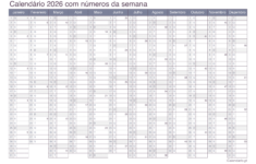 Calendário 2026 Para Imprimir Pdf E Excel | Calendario 2026 com semana