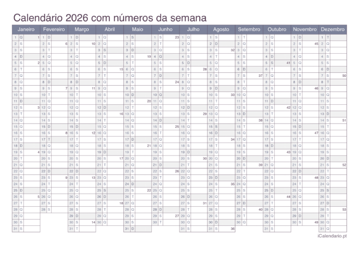 Calendario 2026 com semana Calendario 2026 com semana