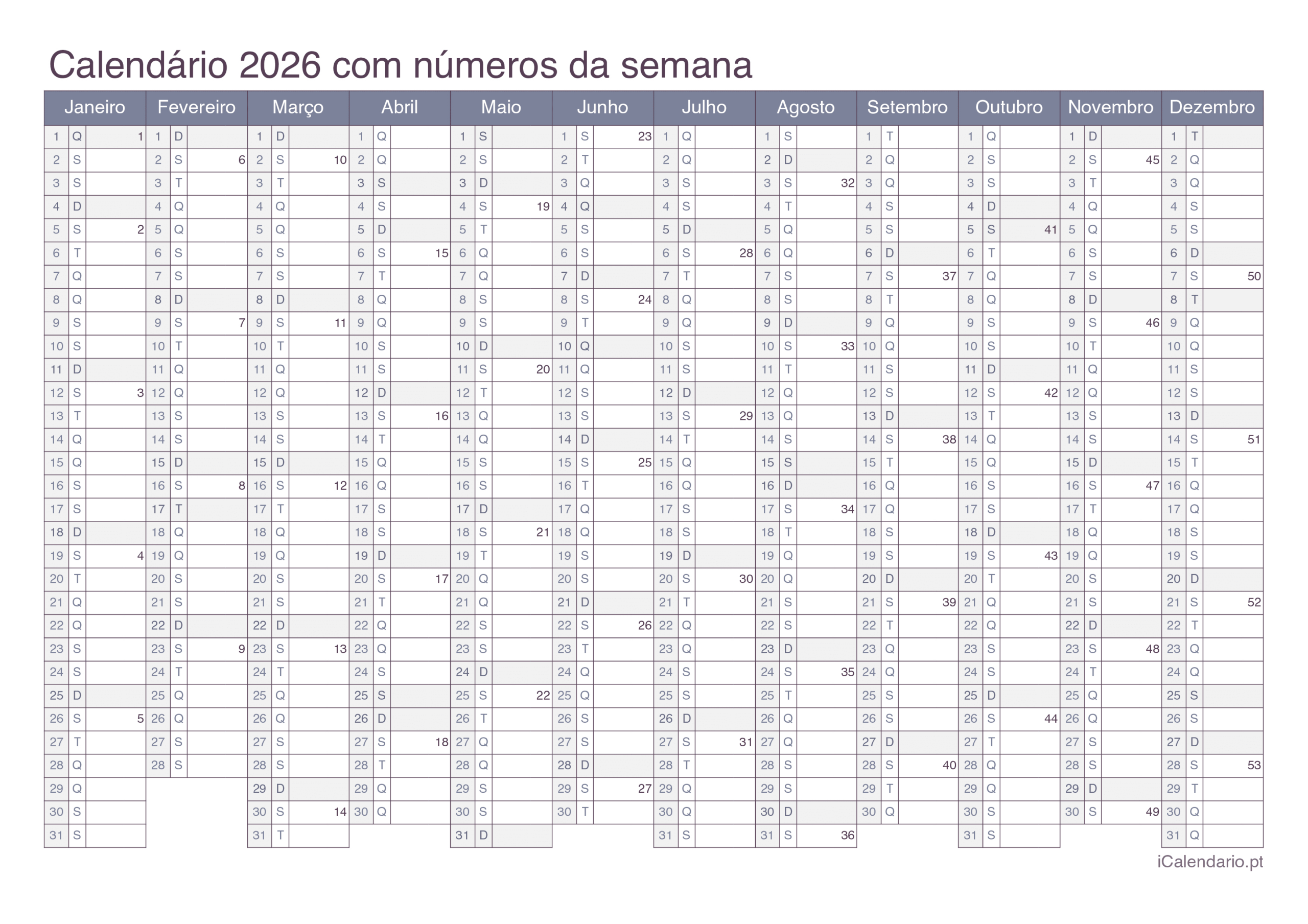 Calendário 2026 Para Imprimir Pdf E Excel | Calendario 2026 com semana