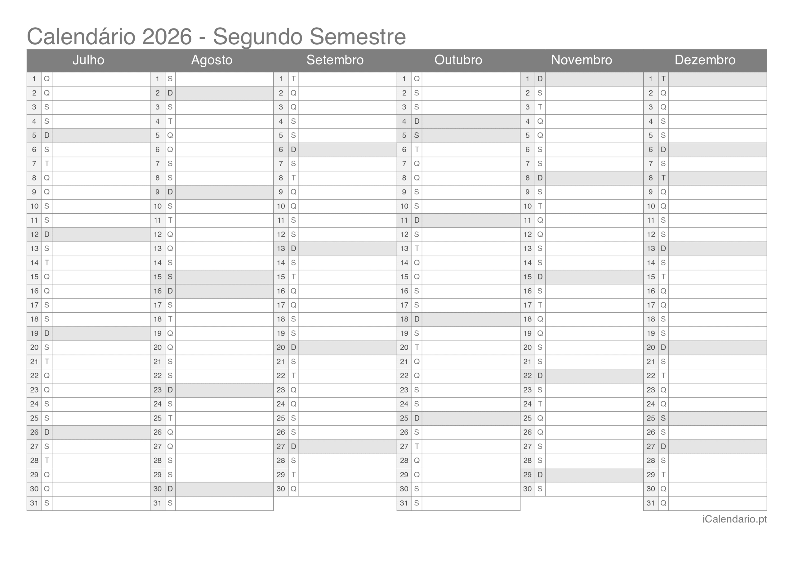 Calendário 2026 Para Imprimir Pdf E Excel | Calendario 2026 Editavel