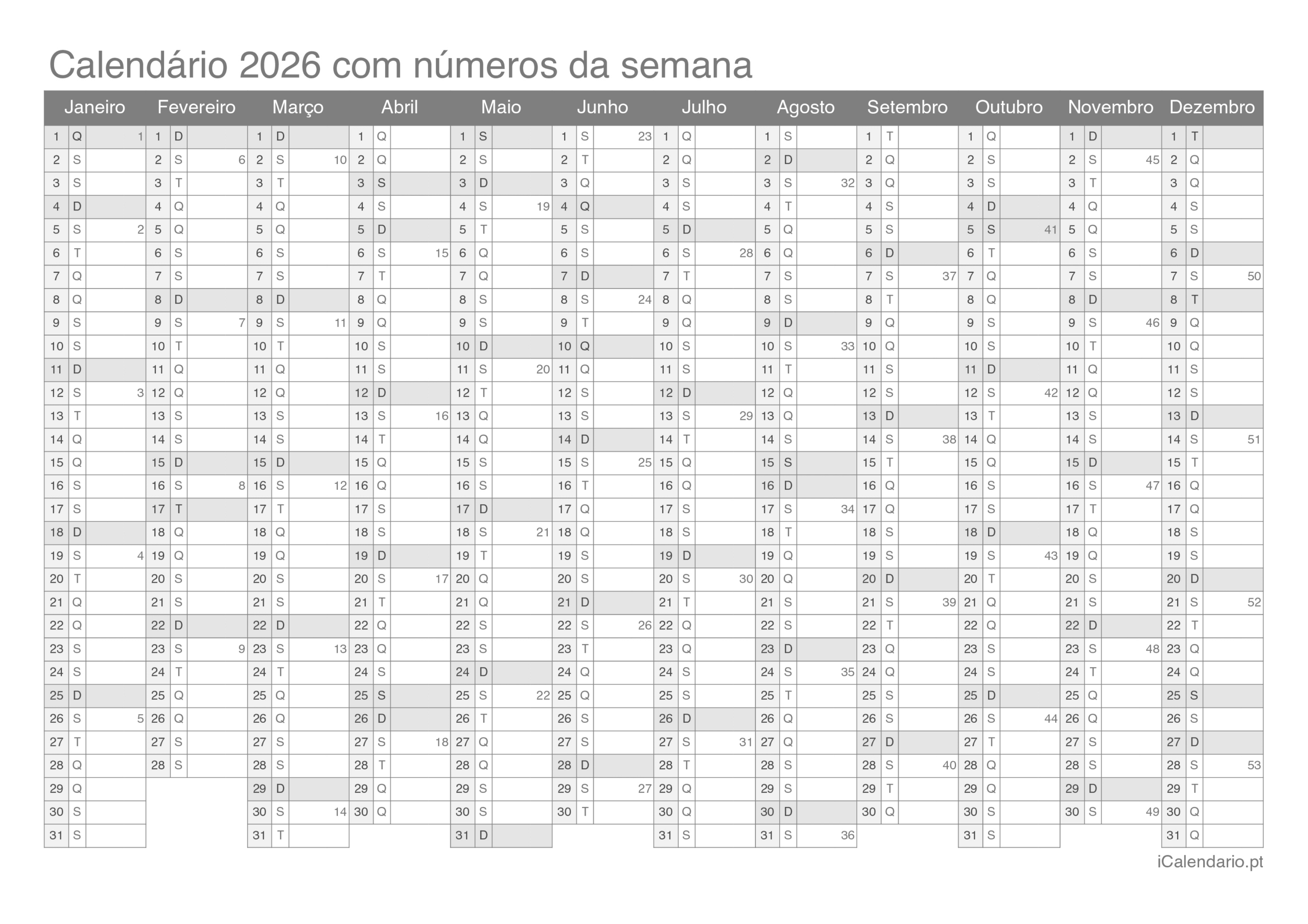 Calendário 2026 Para Imprimir Pdf E Excel | Calendario 2026 para imprimir folha A4