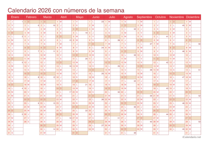 Calendario anual 2026 para imprimir