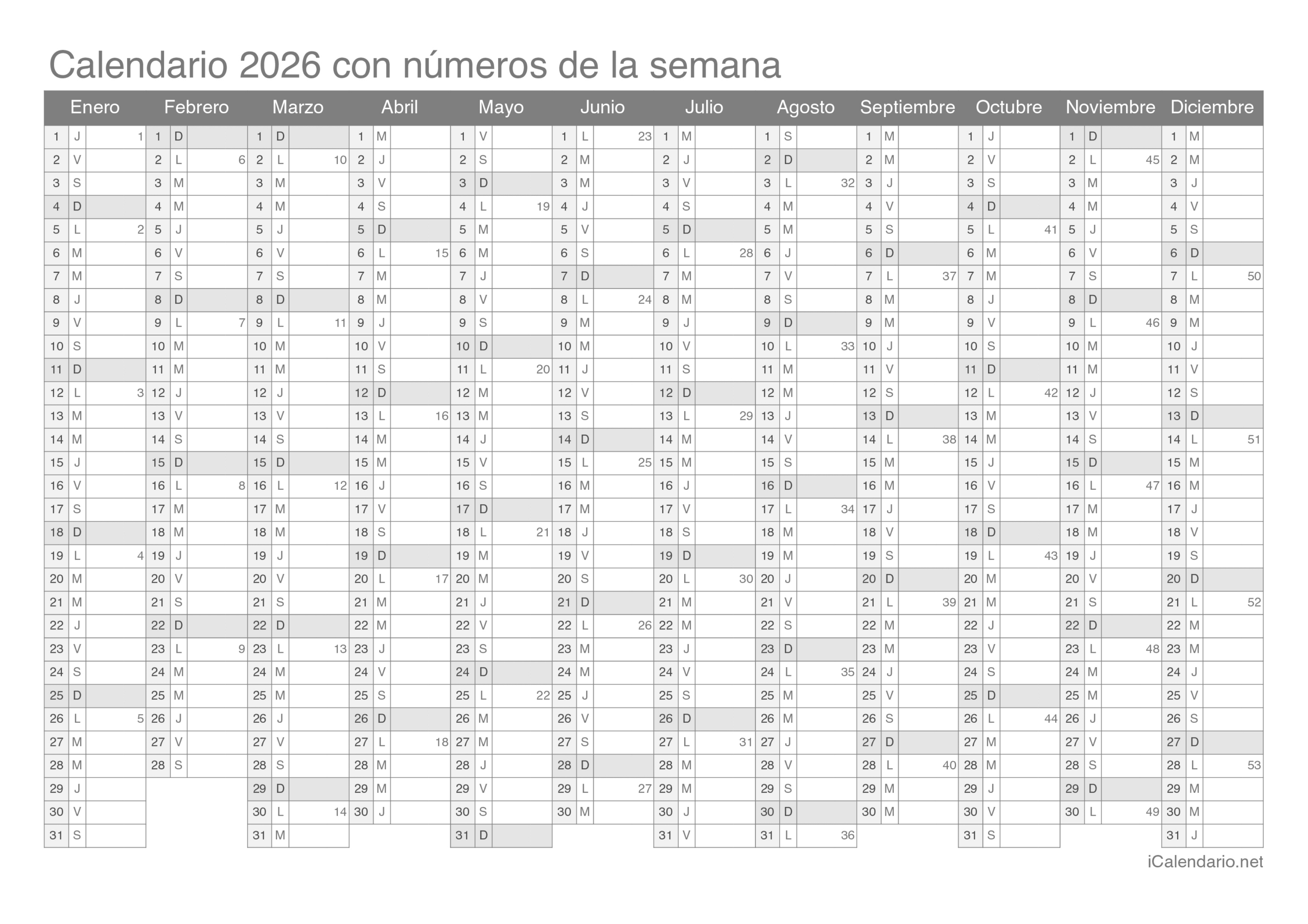 Calendario 2026 Para Imprimir Pdf Y Excel | Calendario De Semanas 2026