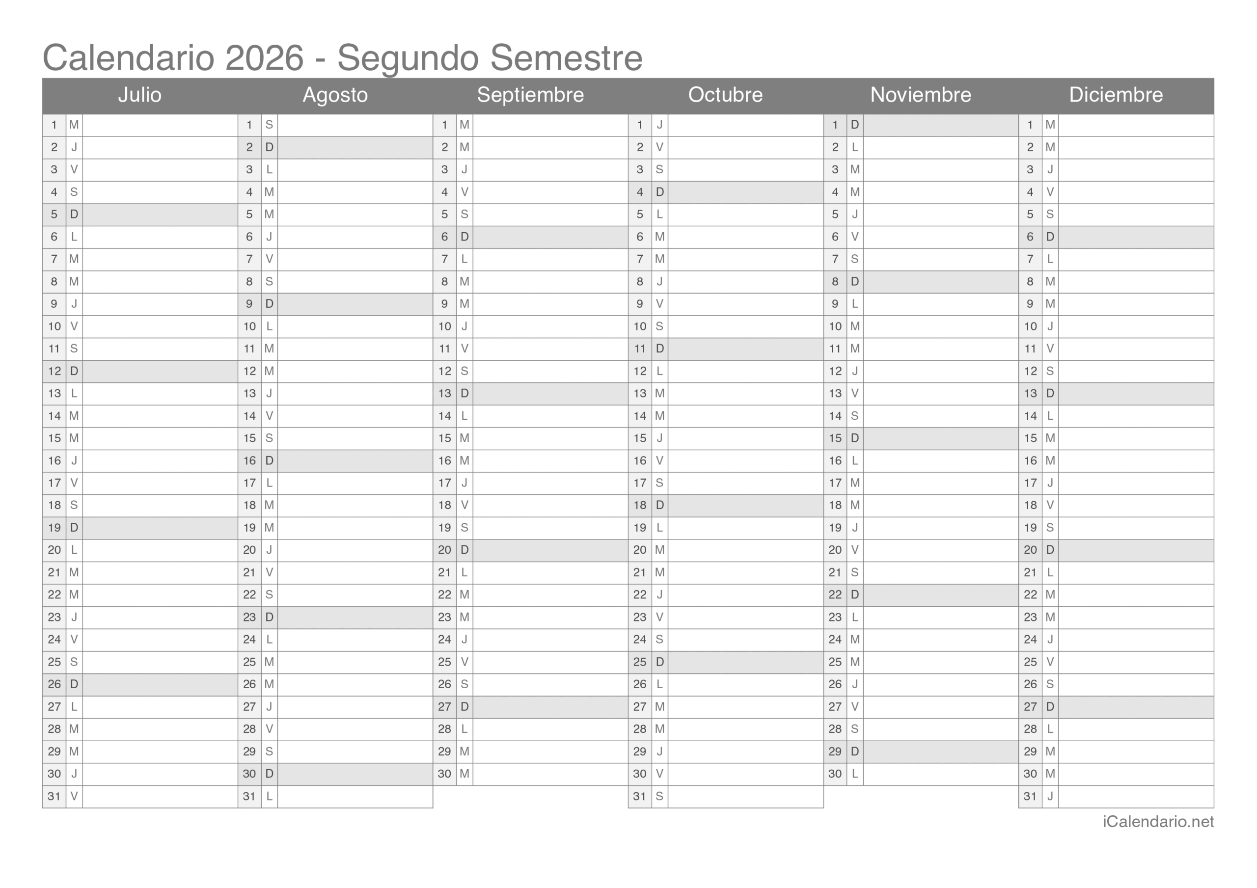 Calendario 2026 Para Imprimir Pdf Y Excel | Modelos de calendario 2026