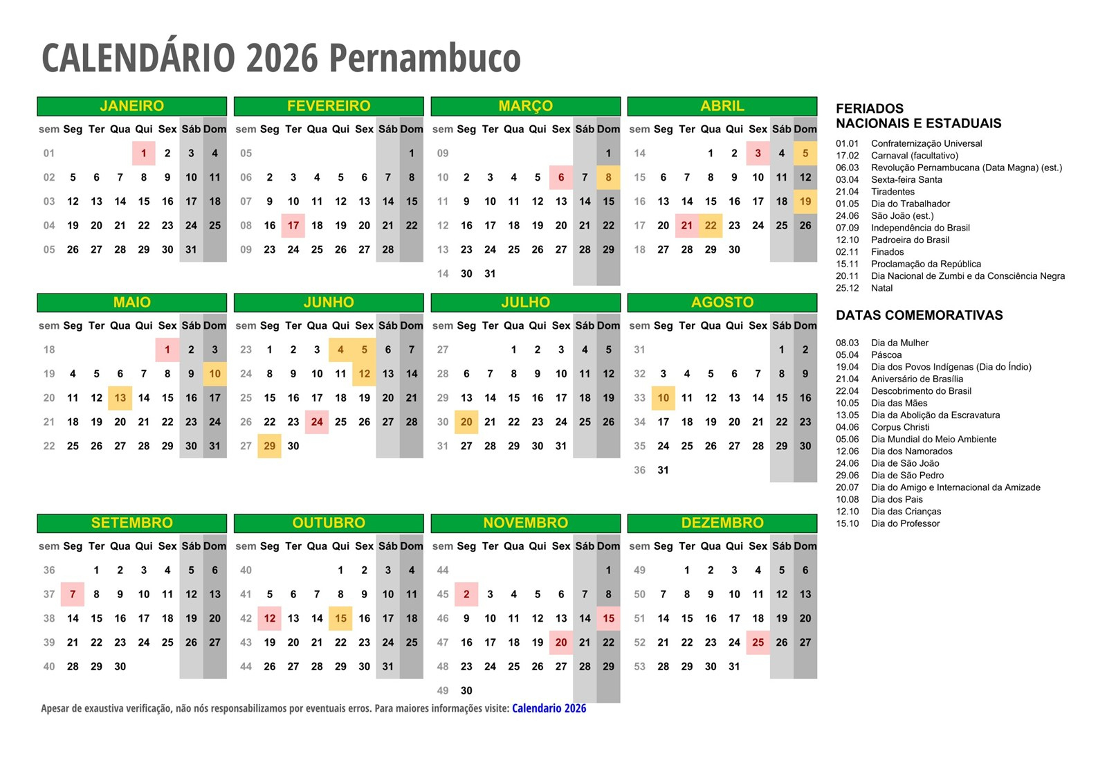 Calendário 2026 Pernambuco – Com Feriados | Calendario 2026 Com Feriados Pernambuco