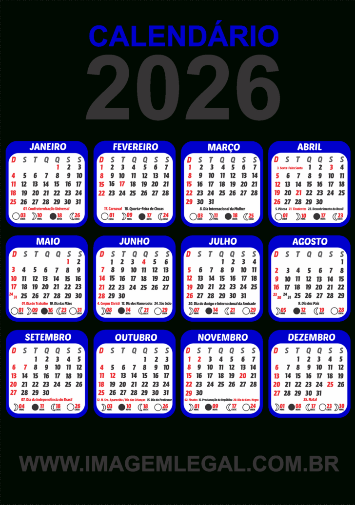 Calendario 2026 com feriados PNG