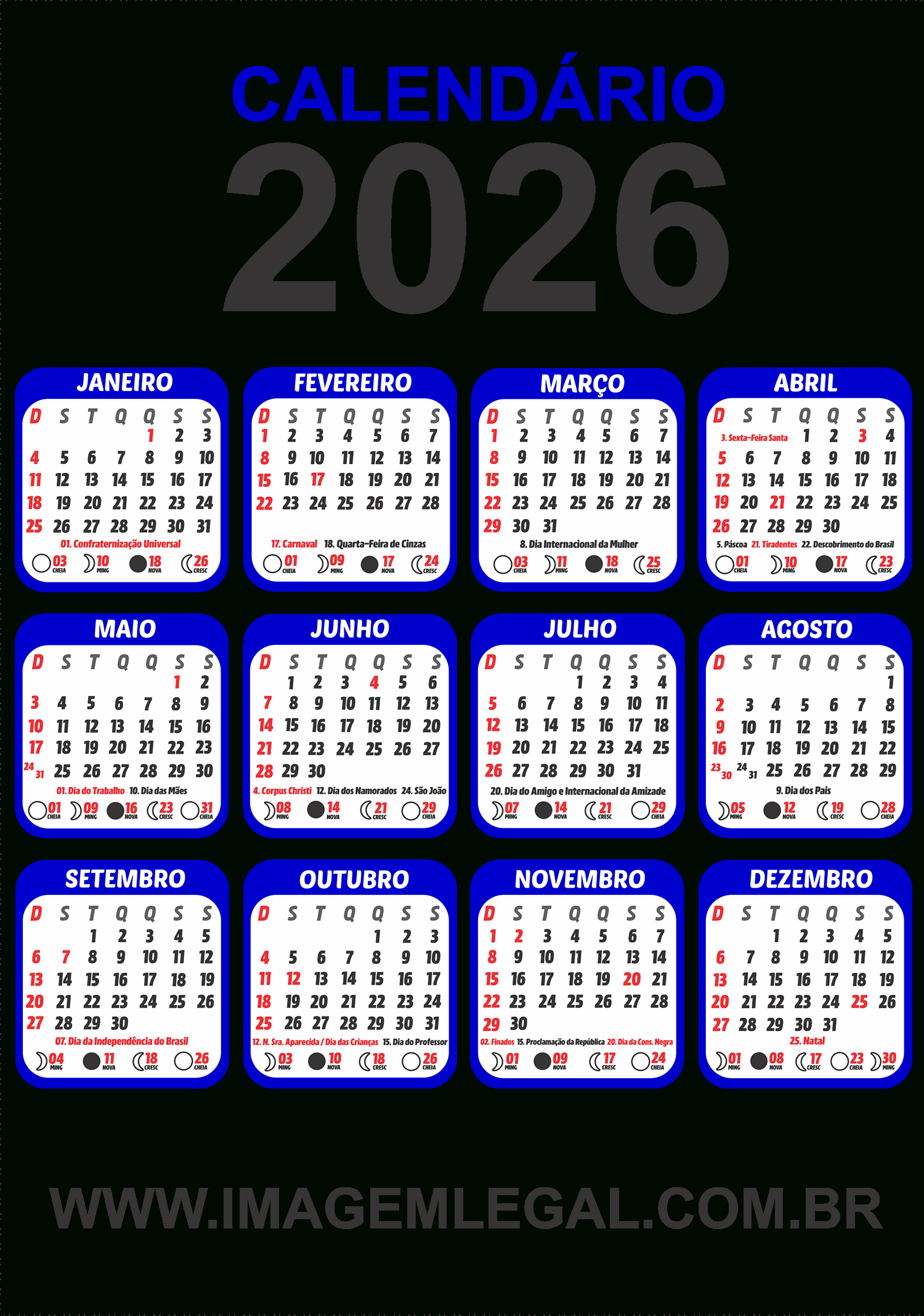 Calendário 2026 Png Azul Com Feriados - Imagem Legal | Calendario 2026 Com Feriados Png
