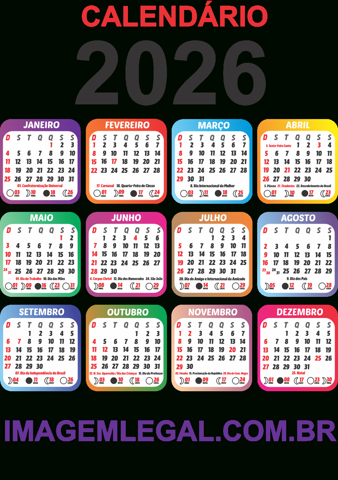 Calendário 2026 Png Colorido Com Feriados - Imagem Legal | Calendario 2026 Com Feriados Png