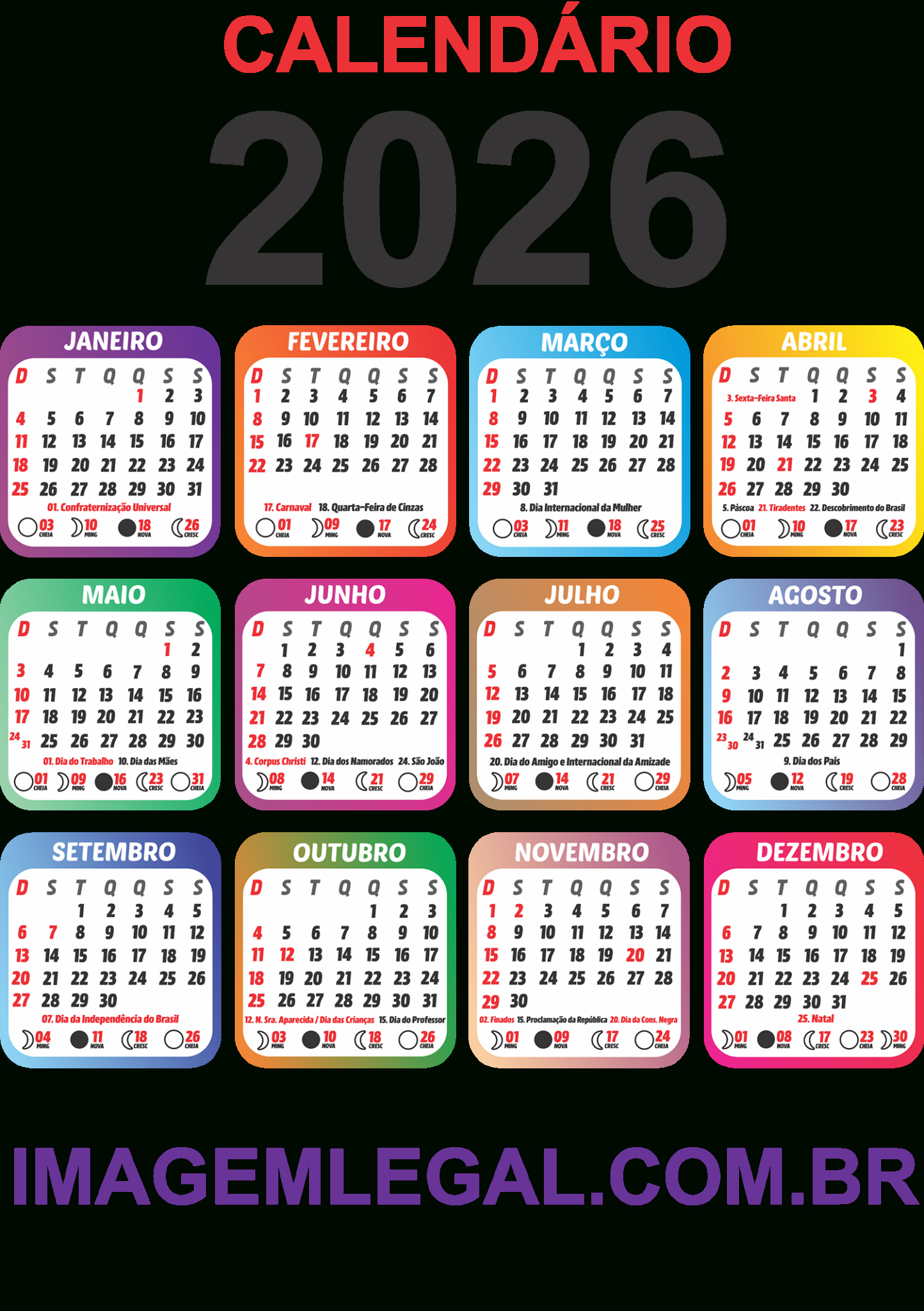 Calendário 2026 Png Colorido Com Feriados - Imagem Legal | Calendario 2026 imprimir com feriados