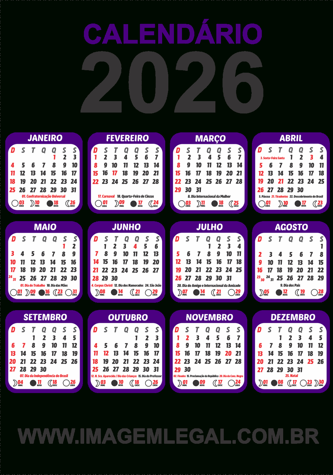 Calendário 2026 Png Índigo Com Feriados - Imagem Legal | Calendario 2026 com feriados MG