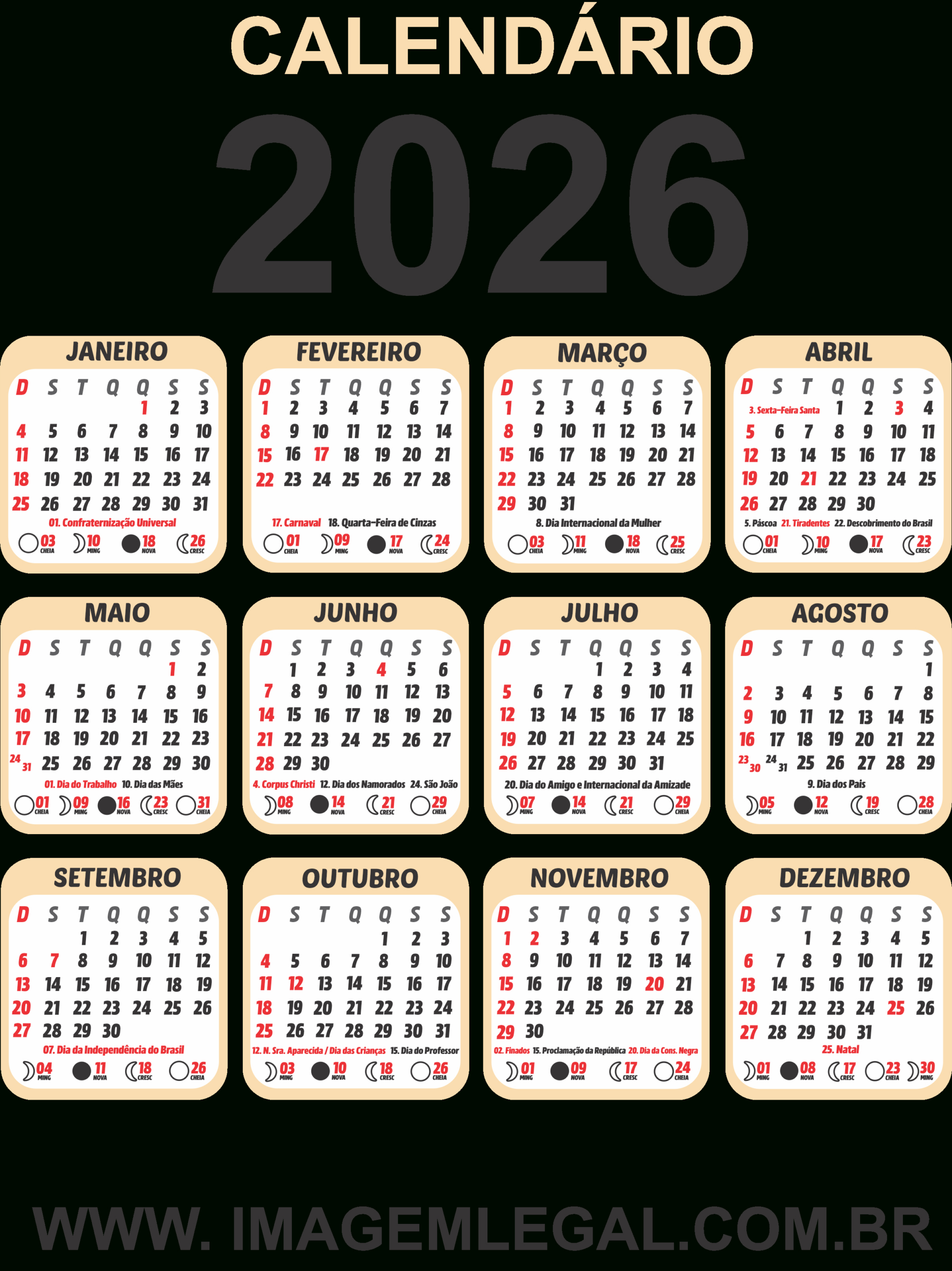 Calendário 2026 Png Palha Com Feriados - Imagem Legal | Calendario 2026 com feriados Salvador