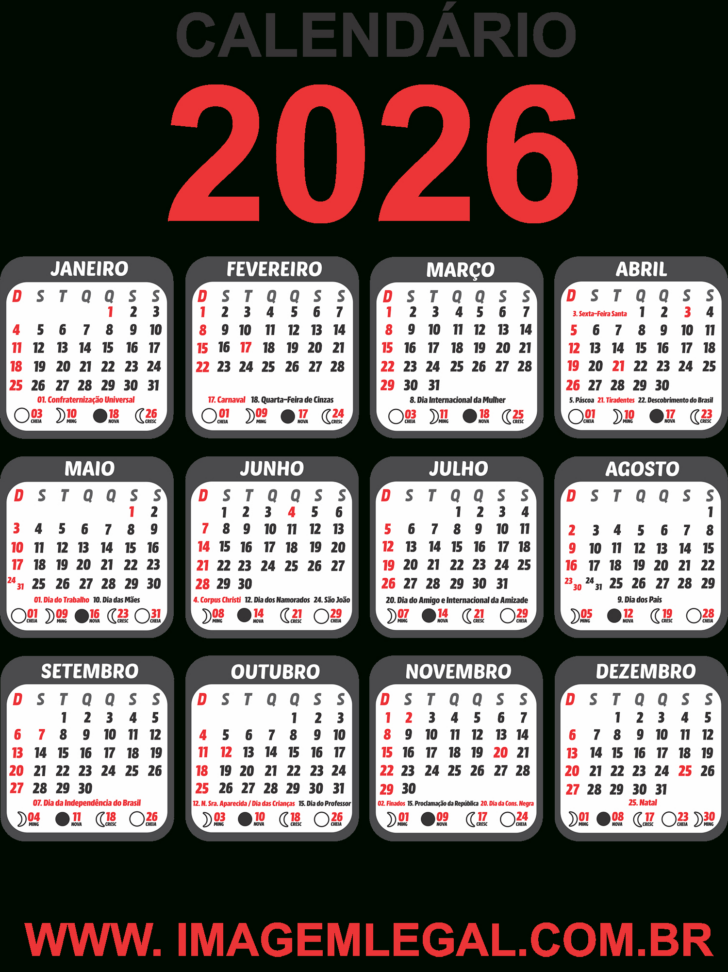 Calendario 2026 com feriados para imprimir