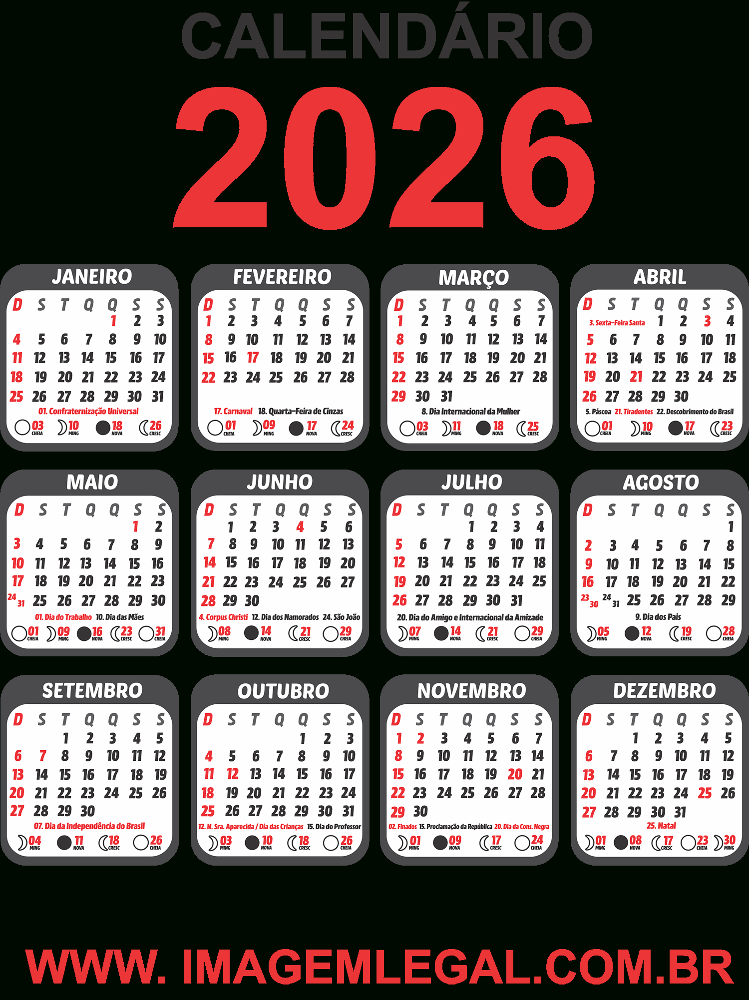 Calendário 2026 Png Preto Com Feriados - Imagem Legal | Calendario Do Mes De 2026