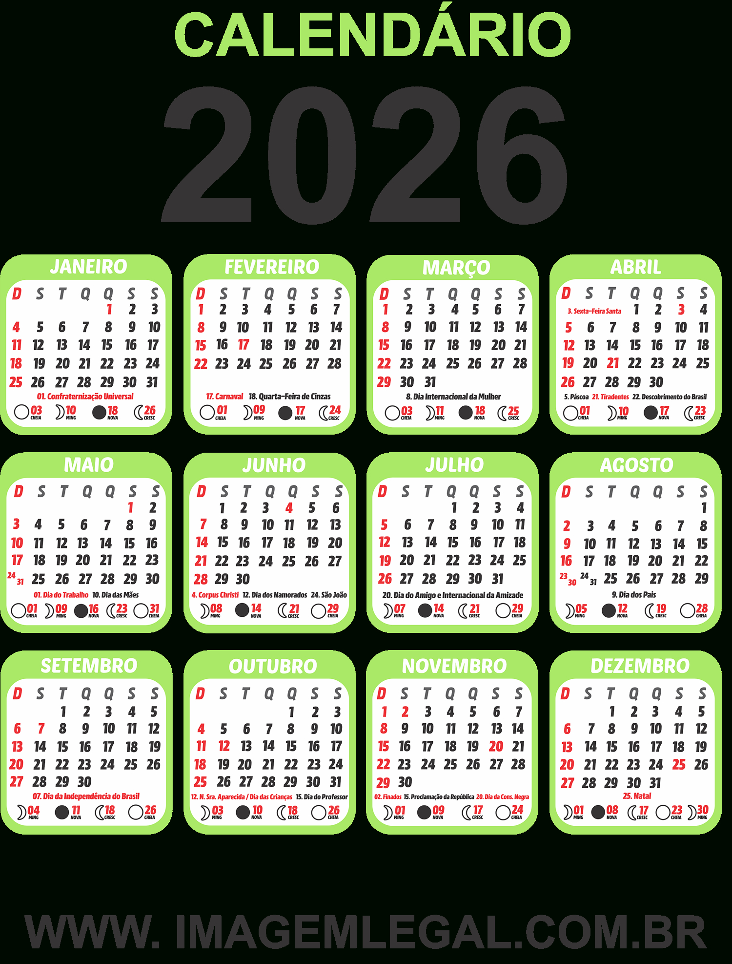 Calendário 2026 Png Verde Lima Com Feriados - Imagem Legal | Calendario 2026 Com Feriados Png