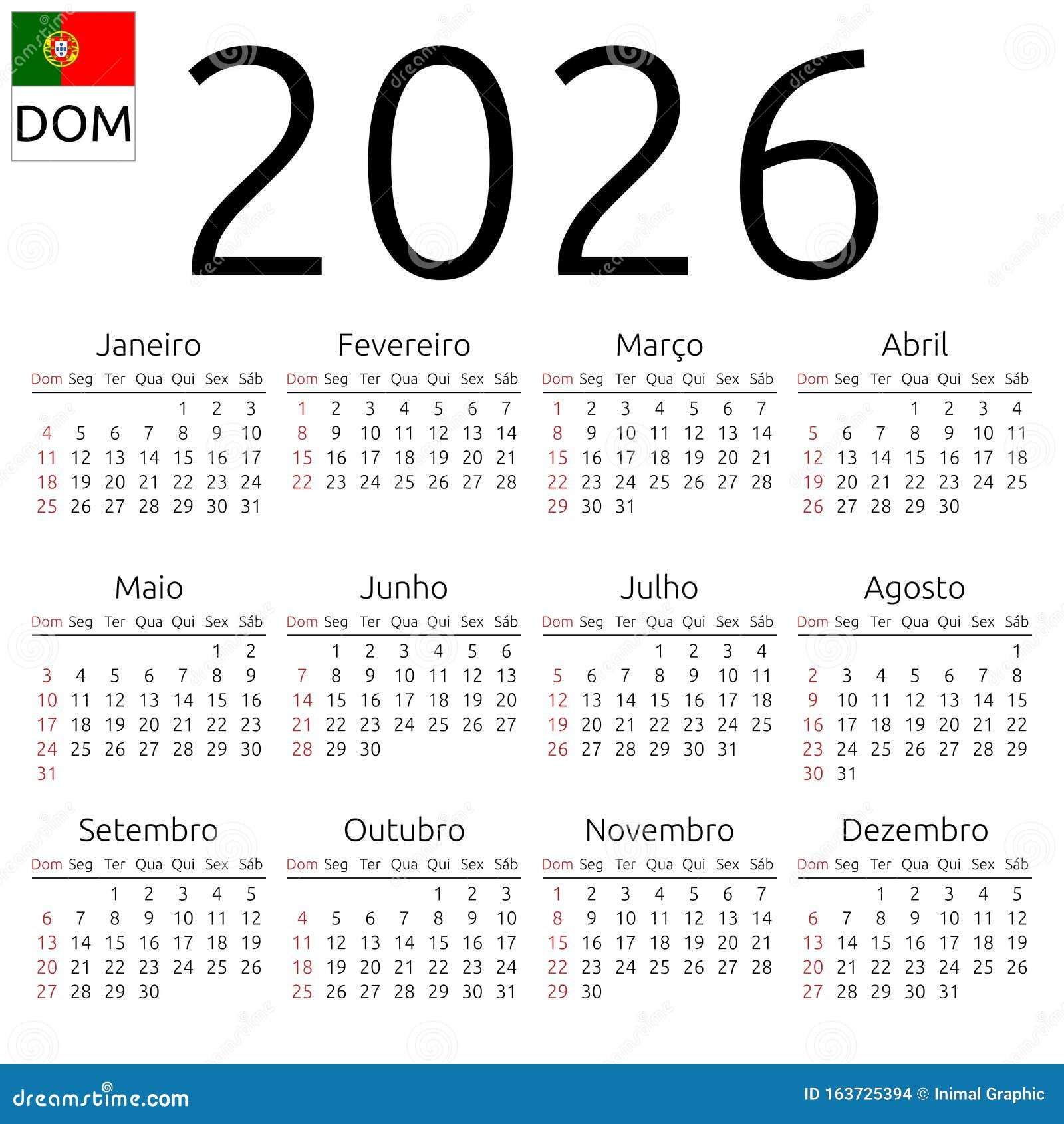 Calendário 2026, Português, Domingo Ilustração Do Vetor | Calendario 2026 Em Portugues