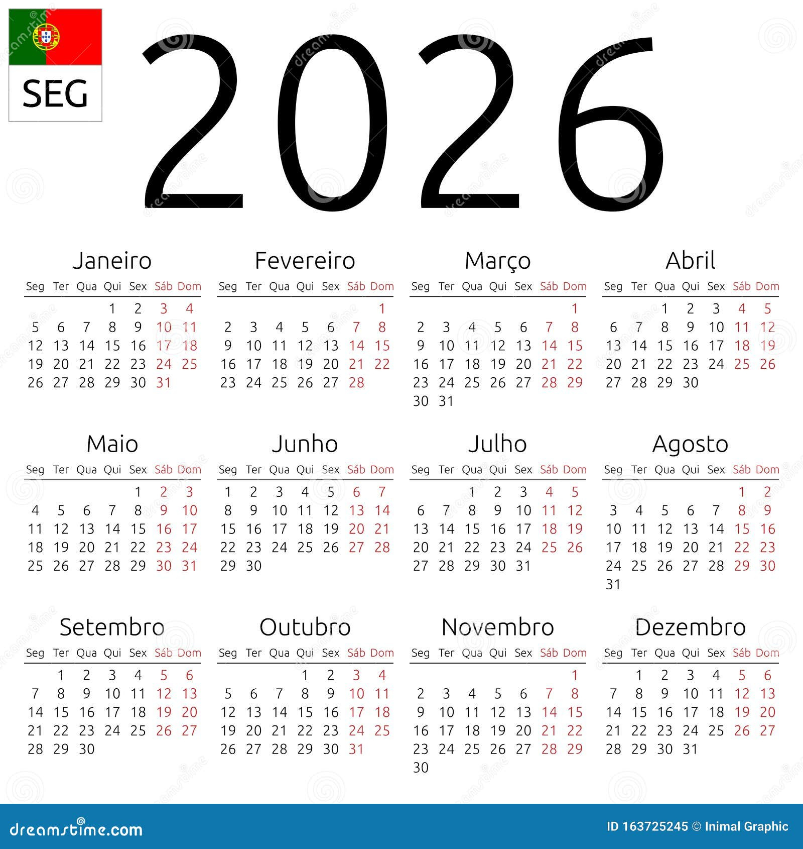 Calendário 2026, Português, Segunda-Feira Ilustração Do Vetor | Calendario 2026 com semana