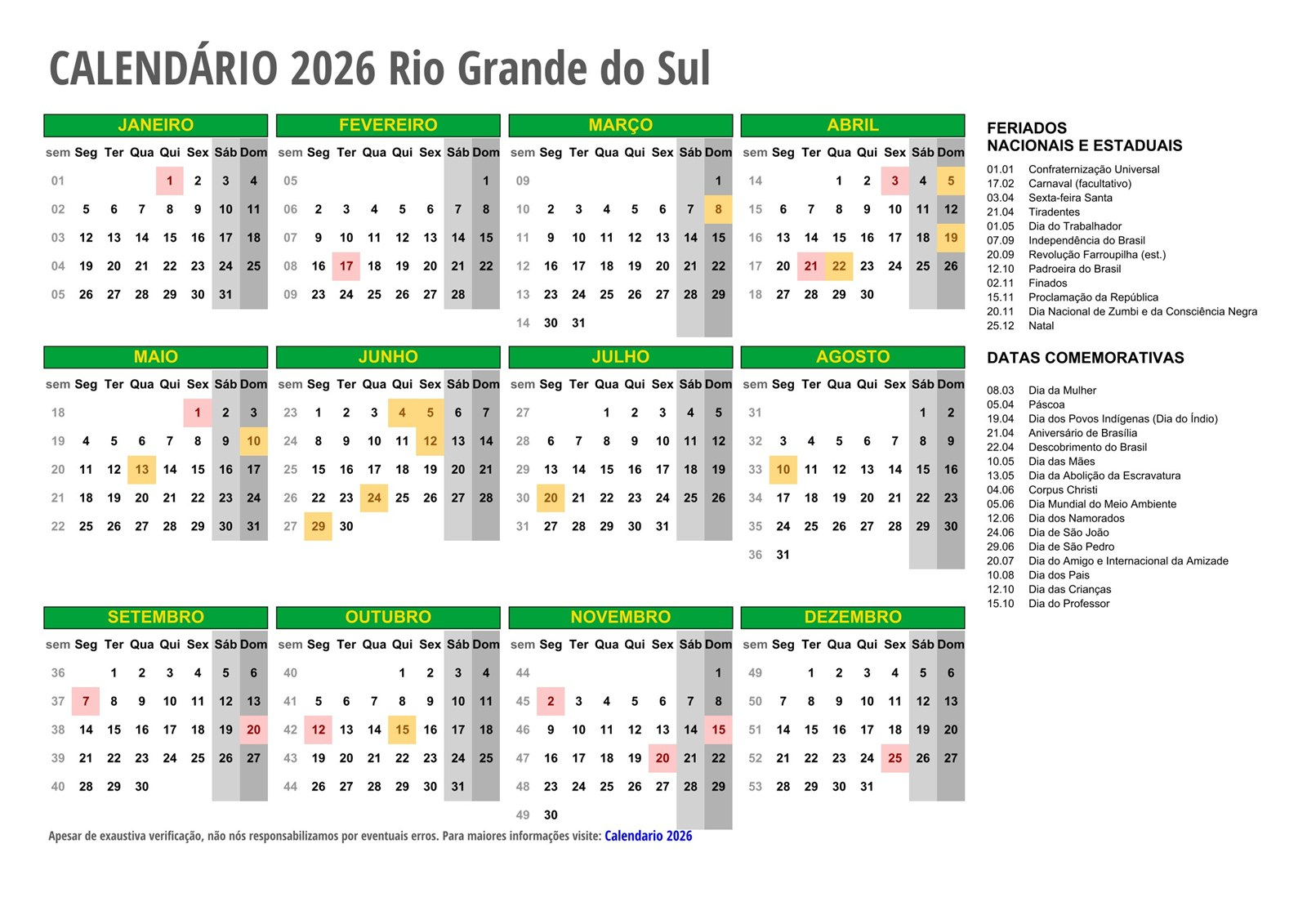 Calendário 2026 Rio Grande Do Sul – Com Feriados | Calendario 2026 Com Feriados Rs