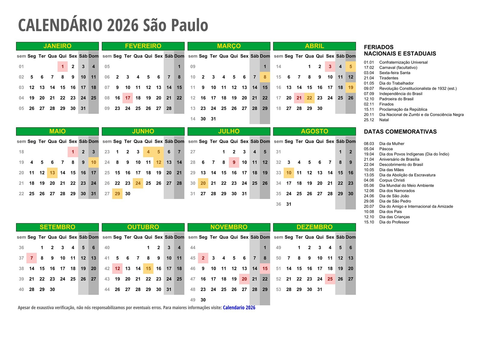 Calendário 2026 São Paulo – Com Feriados | Calendario feriados 2026 São Paulo