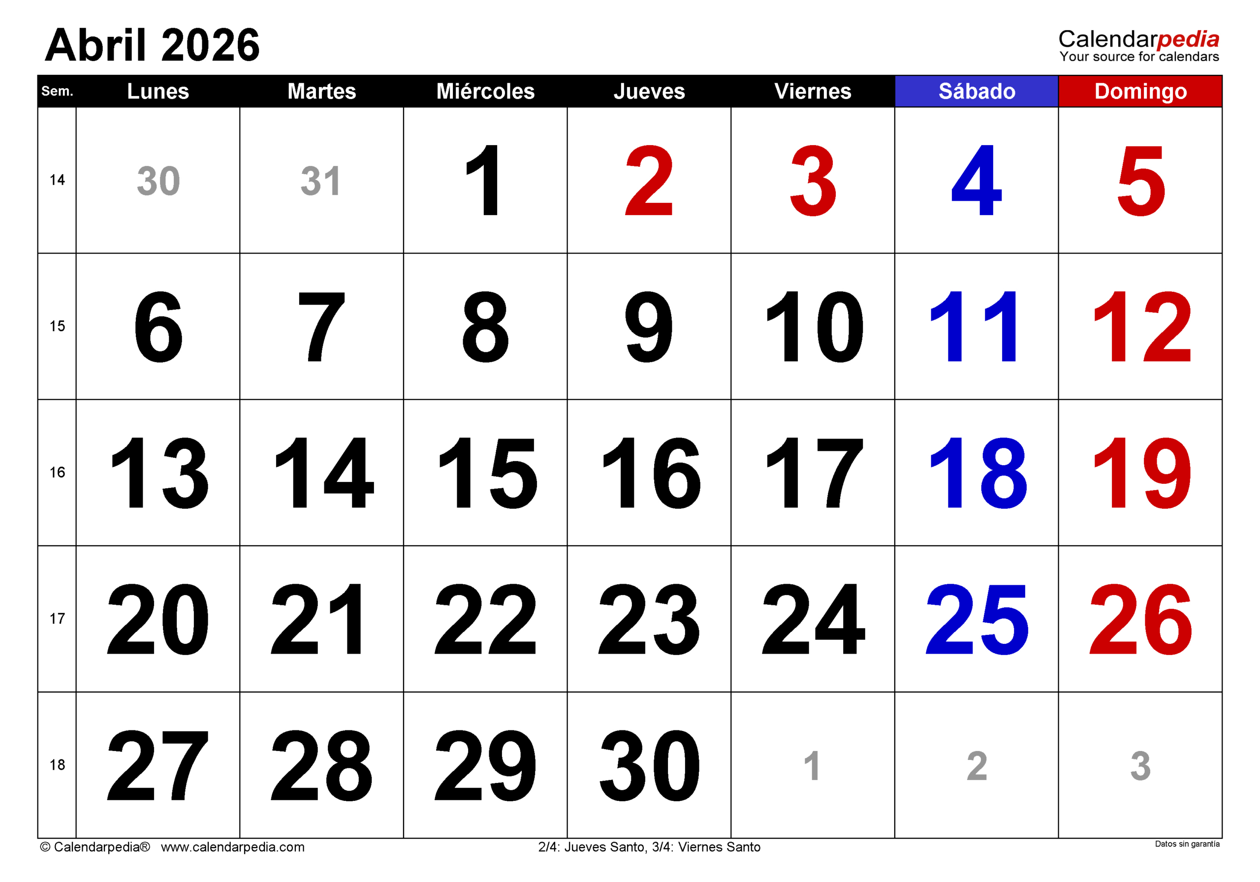 Calendario Abril 2026 En Pdf, Excel Y Word | Calendarpedia | Calendario De Abril 2026