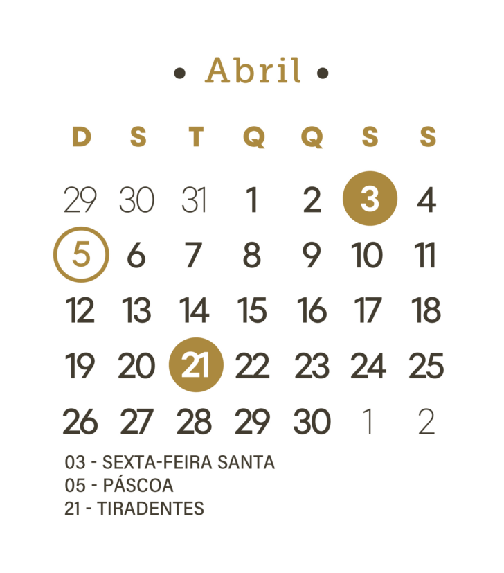 Calendario de abril de 2026 com feriados