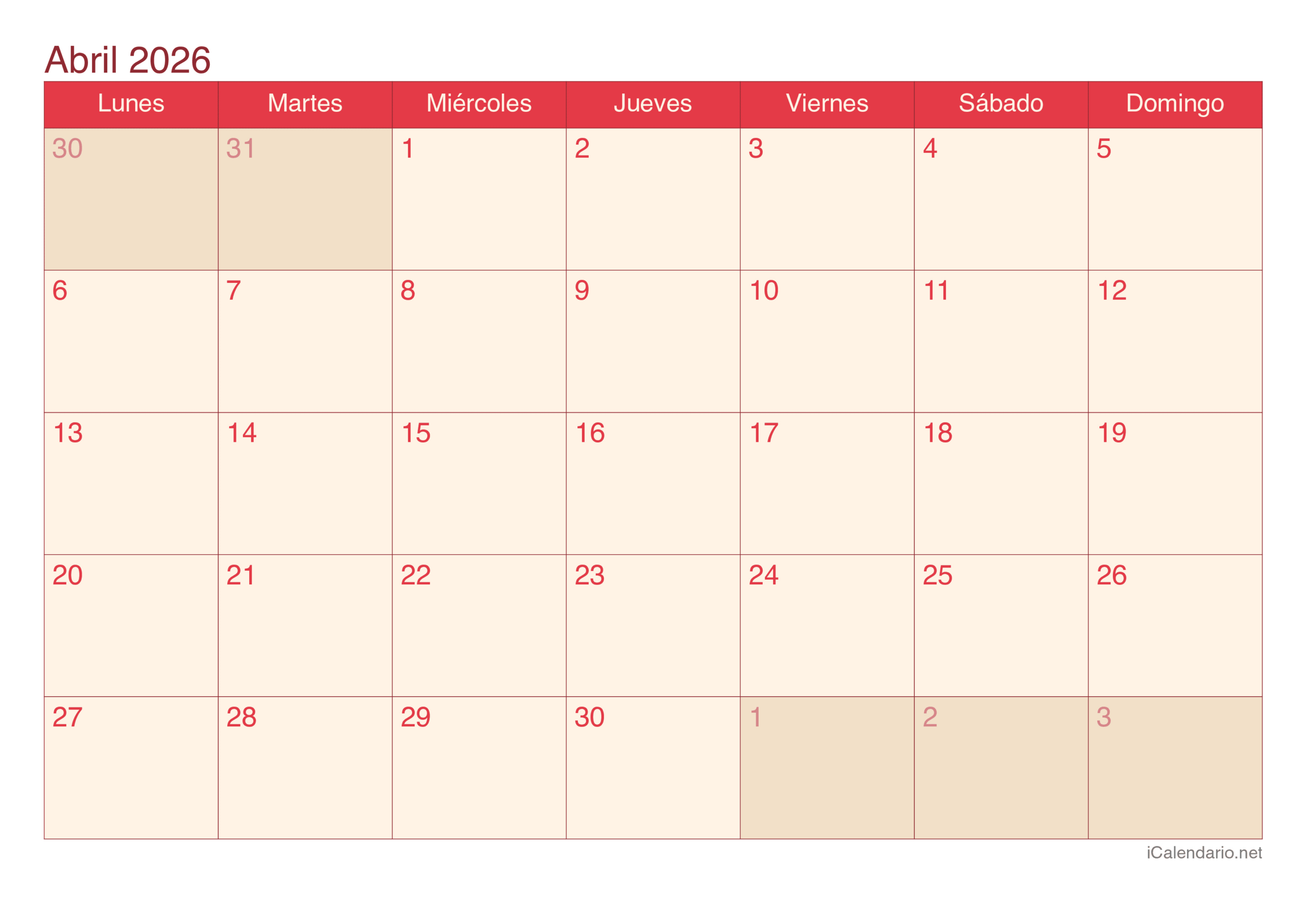 Calendario Abril De 2026 Para Imprimir | Abril de 2026 calendario