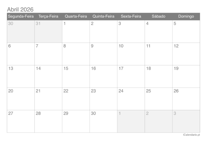 Calendario abril 2026 com feriados