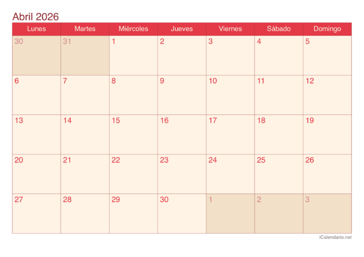 Calendario abril 2026 para imprimir